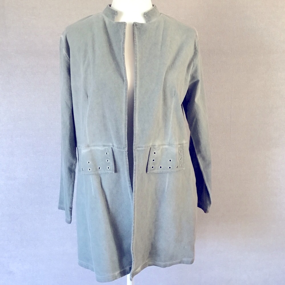 French Kyss Amaya Long Sage Green Denim Grommet Jacket, New With Tags Size M